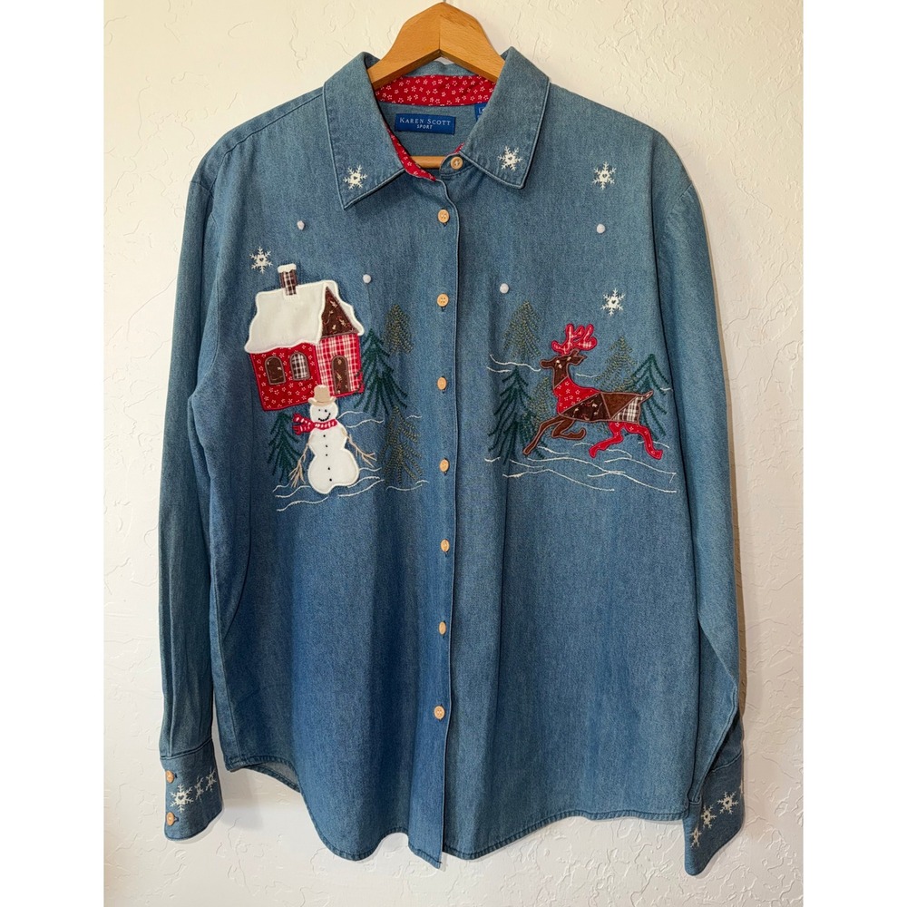 Vintage 90s Christmas Embroidered Denim Shirt Winter Cabin Snowman Reindeer XL